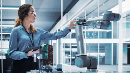 Portrait of a Young Multiethnic Female Engineer Using Tablet Computer. Interacting with a Robotic Arm Machine, Receiving a Microchip from the Hand. High Techの写真素材