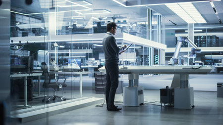 Young Multiethnic Male Engineer Using a Tablet Computer, Researching and Developing a Futuristic Robotic Arm Machine in a High Tech Industrial Laboratoryの写真素材