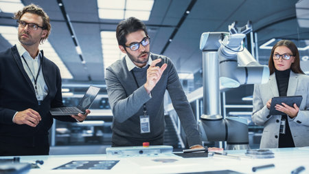 Team Leader Working with Robotics Engineers on a Robot Arm Project, Discussing the Project in...