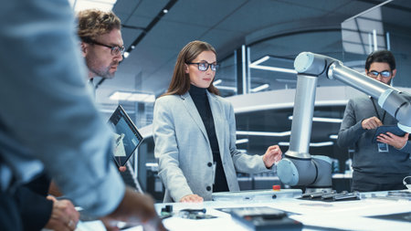 Female Industrial Robotics Engineer Discussing the Development of a Robotic Arm Machine with Her Colleagues. Specialists with Laptop and Tablet Computers Research the Possibilitiesの写真素材