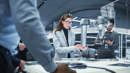 Female Industrial Robotics Engineer Discussing the Development of a Robotic Arm Machine with Her...