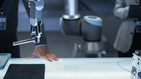 Close Up Shot of a Modern Robotic Arm Holding and Moving a Mechanical Metal Component. Diverse Team of Engineers Using Tablet Computer to Manipulate andの写真素材