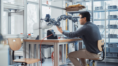 Asian Engineer Moving Robotic Arm with Control Panel While Developing Program on Laptop. Robotics Specialist Designs Plans and Processes Needed to Build Robots.の写真素材
