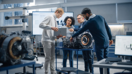 Diverse Engineers Work Together on Functions Modification of Electric Engine for Innovative Project. Engineering and Sustainable Energy Technologies forの写真素材
