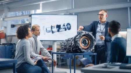 Male Engineer Talks about Performance of Turbine Engine to a Group of Young Specialists. People Work...