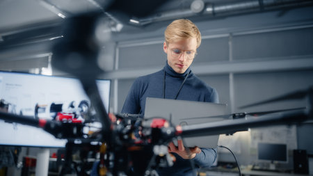 Young Male Developer Programming on Laptop Computer. Working on a New Modern Drone Design in the Research Center Laboratory. People Creating Futuristic Unmannedの写真素材