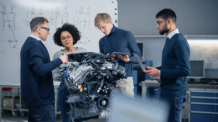 Team Meeting of Engineers Working on Innovative Electric Motor. Group of Specialists Gathered Around...