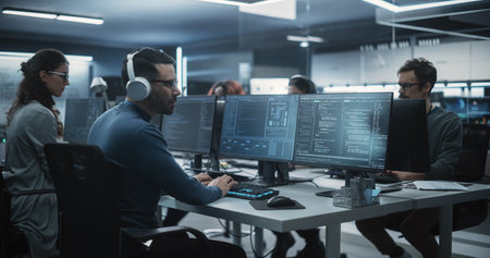 Team of Talented Young Professionals Working in a Technological Research and Development Agency. Young Female Developer Working with AI Software and Mapping Technical Neuralの素材
