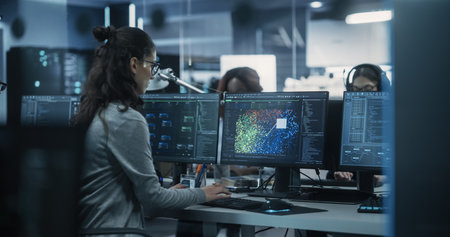 Engaged Young Engineer Working on Computer in a Technological Office Environment. Beautiful Multiethnic Woman Writing Software Code for a Blockchain Project. Photoの素材
