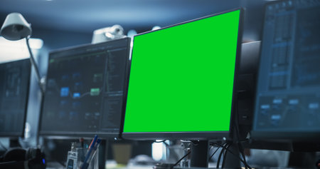 Empty Software Developer Office Workplace with a Desk with Computer Green Screen. Back-End of Artificial Intelligence and Neuralの素材