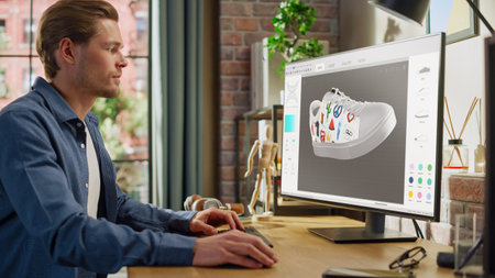 Young Male Footwear Designer Works on 3d Model of Shoe and Change Colours on It While Working on...