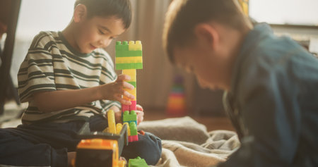Portrait of Two Male Asian Kids Playing with Colorful Building Blocks in Their Room During the Day. Cute Little Male Child Focused on Making a Toy Castle. Concept of Carefreeの写真素材