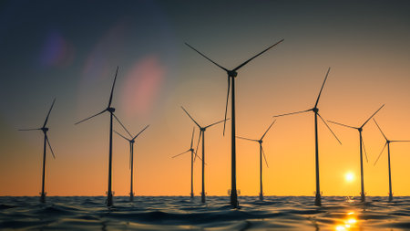 3D Render of Offshore Windmill Park Generating Electricity. Wind Turbines Working in the Ocean and...