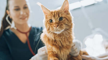 Smiling Veterinarian Using Stethoscope to Examining Breathing of a Pet Maine Coon Sitting on a Check...