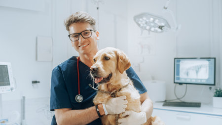 Young Handsome Veterinarian Petting a Noble Golden Retriever Dog. Healthy Pet on a Check Up Visit in Modern Veterinary Clinic with aの写真素材
