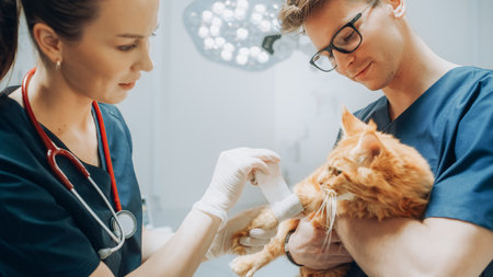 Female and Male Veterinarians Treating a Small Wound on a Foreleg of a Maine Coon. Professional Vet in a Modern Veterinary Clinic Wrapping Cat's Pawの写真素材