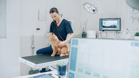 Female Veterinarian Diagnosing a Red Maine Coon Cat with Stethoscope. Veterinary Clinic Employee Using Software on a Desktop Computer to Examine X-Ray Scans for Potentialの写真素材