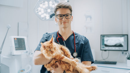 Professional Animal Clinic Specialist with Stethoscope Holding a Red Maine Coon in a Contemporary Medical Veterinary Clinic Facility. Young Male Specialist Looking atの写真素材
