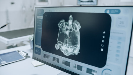 Desktop Computer Screen with Veterinary Clinic Online Medical Database Software with a Number of Pet X-Ray Scans. Digital Display with Informationの写真素材