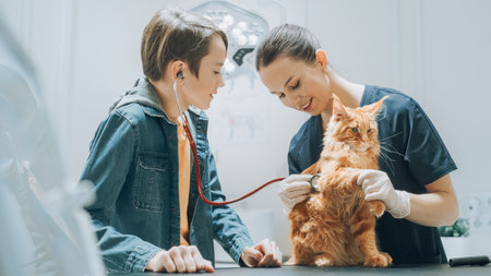 Female Veterinarian Holding a Red Maine Coon, Giving an Opportunity to the Pet Owner to Listen to the Animal Through a Medical Stethoscope. Boy Bringing His Cat for a Scheduledの写真素材