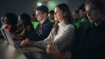 Beautiful Smart Female Student Studying in University with Diverse Multiethnic Classmates. She is Using a Laptop Computer. Applying Her Knowledge to Acquire Academicの写真素材