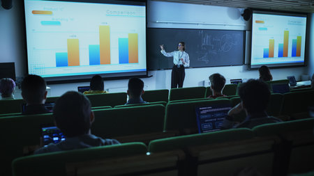 Young University Professor Explaining the Importance of Branding and Marketing Campaigns to a Group...