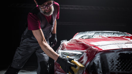 Car Ad Style Photo of a Professional Car Wash Specialist Using a Big Soft Sponge to Wash the Rims of a Beautiful Red Sportscar with Shampoo Before Detailing,の写真素材