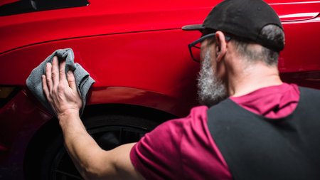 Car Wash Expert Using a Microfiber Cloth to Dry Up a Red Modern Sportscar. Adult Man Cleaning Away Dirt, Preparing an American Muscle Car for Detailing. Creative Cinematic Photoの写真素材
