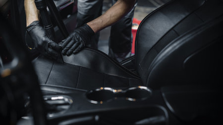 Specialist Professional Car Cleaning and Detailing Company Vacuum Cleaning an Ecological Perforated Black Faux Leather Interior in a Modern Sportscar. Worker Cleaning Seam onの写真素材
