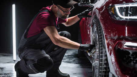Portrait of an Adult Man Working in a Detailing Studio, Prepping a Factory Fresh American Sportscar for Maintenance Work and Car Care Treatment. Cleaning Technician Using Sponge toの写真素材