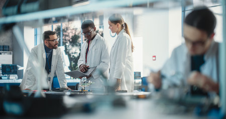 Diverse Young Group of Engineers Working in a Modern Startup Lab. Male Specialist Soldering a Circuit Board While Team of Professionals Discuss Technological Project Strategyの写真素材