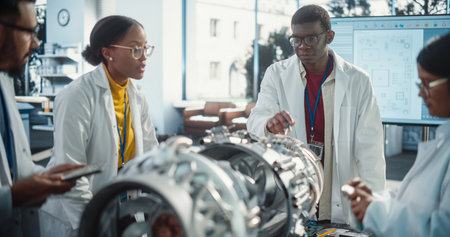 Young Black Engineer Instructing and Leading his Team, Analyzing and Researching How a Futuristic Turbofan Motor Works. Diverse Scientists Developing Innovative Technologyの写真素材
