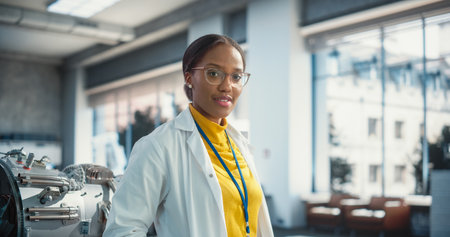 Portrait of Young Smiling Black Woman Wearing Glasses and a Lab Coat Looking at the Camera. Future...