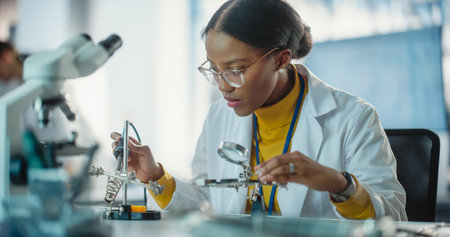Portrait of Black Female Lab Specialist Carefully Soldering a Circuit Board in a Manufacturing...