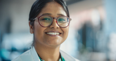 Portrait Close Up of Young Indian Female Specialist Wearing Lab Coat and Glasses Smiling. Professional, Successful Woman Working as an Engineer, Science Student inの写真素材