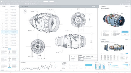 Mock Up Template of Light Interface of Professional CAD Computer Software With Blue Print and 3D...