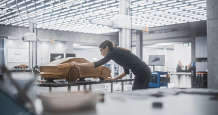 Female Car Modeler Enjoying Creative Work Process on a Concept Car Made Out of Plasticine Modeling...