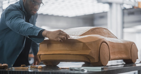 Portrait of a Black Creative Car Modeler Working on a Concept Car Made Out of Plasticine Modeling...