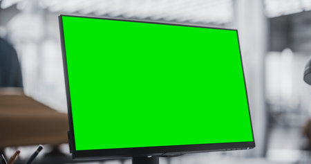 Close Up of a Desktop Computer Monitor with Green Screen Mock Up Display Standing in Automotive...