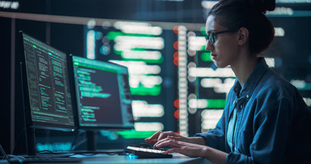 Medium Shot of a Woman Working as a Developer, Surrounded by Big Screens Displaying Lines of Code in...