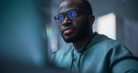 Close Up Portrait of Black Man Working on Computer, Lines of Code Language Reflecting on his Glasses. Male Programmer Developing New Software, Managingの写真素材