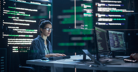 Focused Woman Working as a Developer, Surrounded by Big Screens Displaying Lines of Code in a...