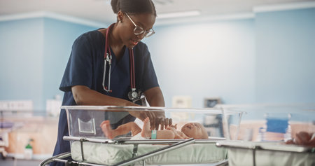Cute Little Caucasian Newborn Baby Lying in Bassinet in a Maternity Hospital. Beautiful Black Pediatrician Checking Up on a Child. Healthcare, Pregnancyの写真素材