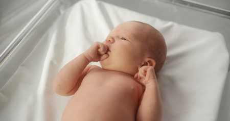 Adorable Small Caucasian Newborn Child Lying in Hospital Bed in a Nursery Clinic. Little Playful and Healthy Baby. Medical Health Care, Maternity and Parenthood Concept. High Angleの写真素材