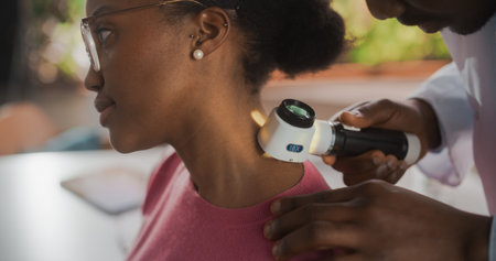 Close Up of an African Skin Care Professional Using a Dermatoscope to Examine Neck Tissue on the Skin of a Young Black Female During a Health Check Visit to a Clinic.の写真素材