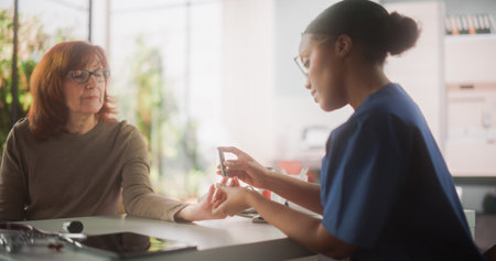 African Healthcare Nurse Taking a Blood Sample to Measure Sugar Levels for a Senior Patient. Young Clinic Professional Working in a Modern Office in Publicの写真素材