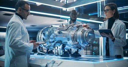 Smart Team of Engineers, Tech Scientist and Machinery Operators Collaborate on a New Type of a Electric Turbine Engine, Using Computers and Measuring Tools inの写真素材