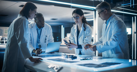 Team of Tech Scientists Having a Group Meeting in a Research and Development Facility at a Robot...