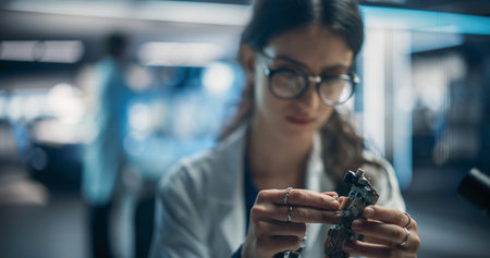 Focused Professional Female Engineer Working on Electronic Circuit Boards. Industrial Robotics Specialists in Lab Coats Developing a Mobile AI Robot in an Advancedの写真素材