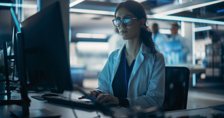 Portrait of a Young Robotics Engineer Using Desktop Computer, Analyzing Robotic Machine Concept in a High Tech Factory. Female Scientist Researching Innovative Ways to Benefitの写真素材